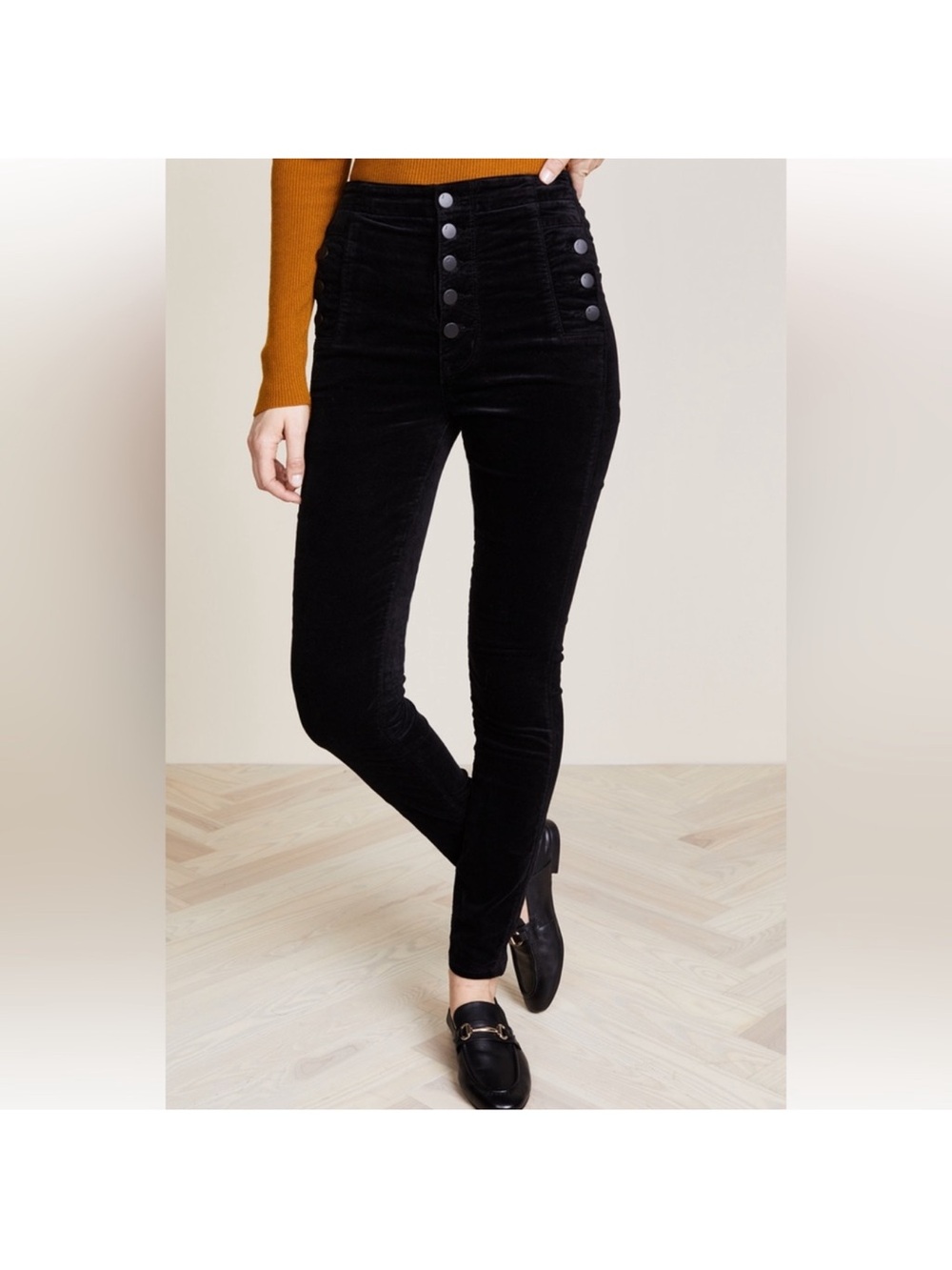J Brand Natasha High-Waist Black Velvet Slim Pants